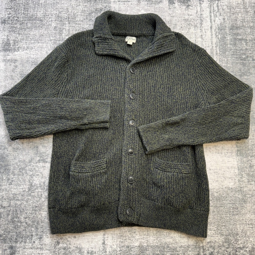 J Crew Sweater Mens Large Marled Mock Neck Cardigan Green Pockets Grandpa Ivy